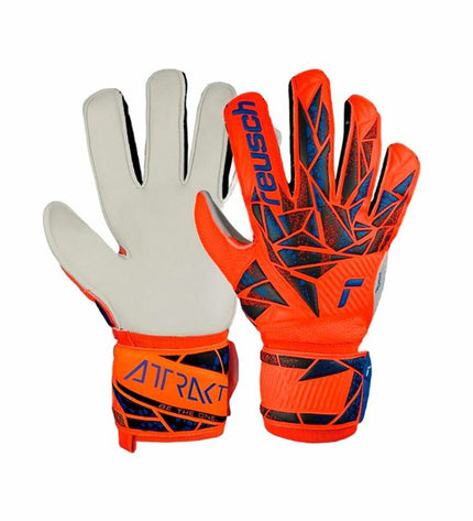 Reusch Attrakt Solid orange goalkeeper gloves for adults, designed for soccer and outdoor sports, with reinforced palms.