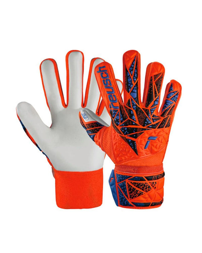 Reusch Attrakt Solid orange goalkeeper gloves for soccer, featuring padded palms and secure wrist straps for outdoor sports.