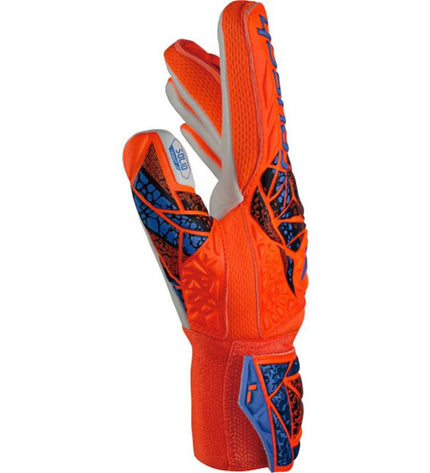 Reusch Attrakt Solid orange goalkeeper gloves for football, sport and outdoor use, with reinforced palms and adjustable wrist strap.