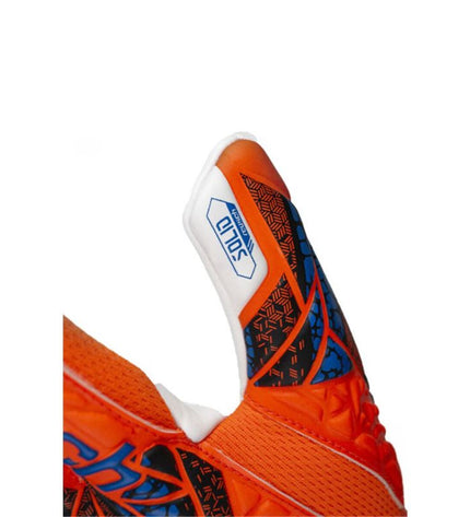 Reusch Attrakt Solid orange goalkeeper gloves for soccer, featuring reinforced palms and a snug fit, designed for outdoor sports.