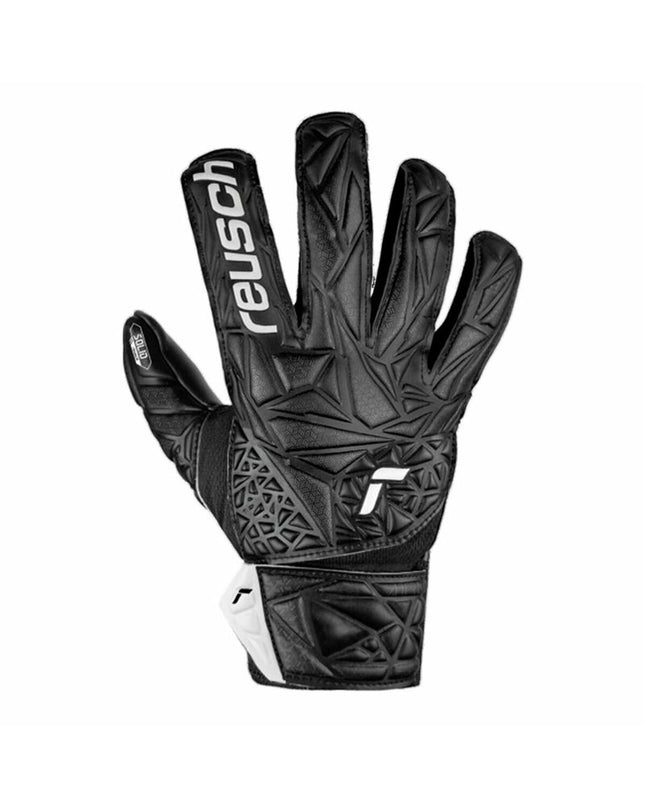 Reusch Attrakt Starter Solid goalkeeper gloves in black with reinforced fingers, designed for soccer and outdoor sports.