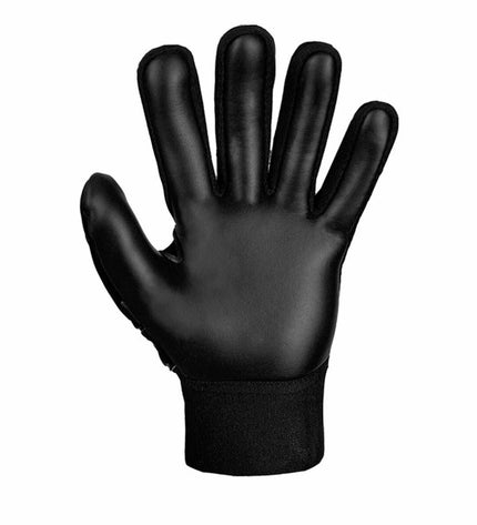 Reusch Attrakt Starter Solid black goalkeeper gloves with finger protection for soccer and outdoor sports.