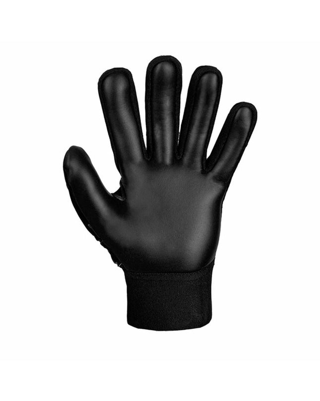 Reusch Attrakt Starter Solid black goalkeeper gloves with finger protection for soccer and outdoor sports.