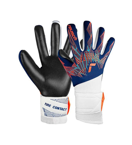Reusch Pure Contact Silver Blue goalkeeper gloves for adults, designed for soccer and outdoor sports with durable grip and comfort.