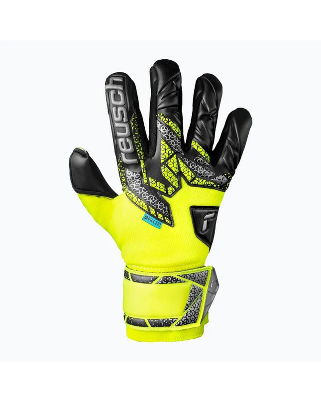 Reusch Keeperhandschoenen Attrakt Duo safe geel voor volwassenen, sport en outdoor voetbal, met grip en padding, close-up view