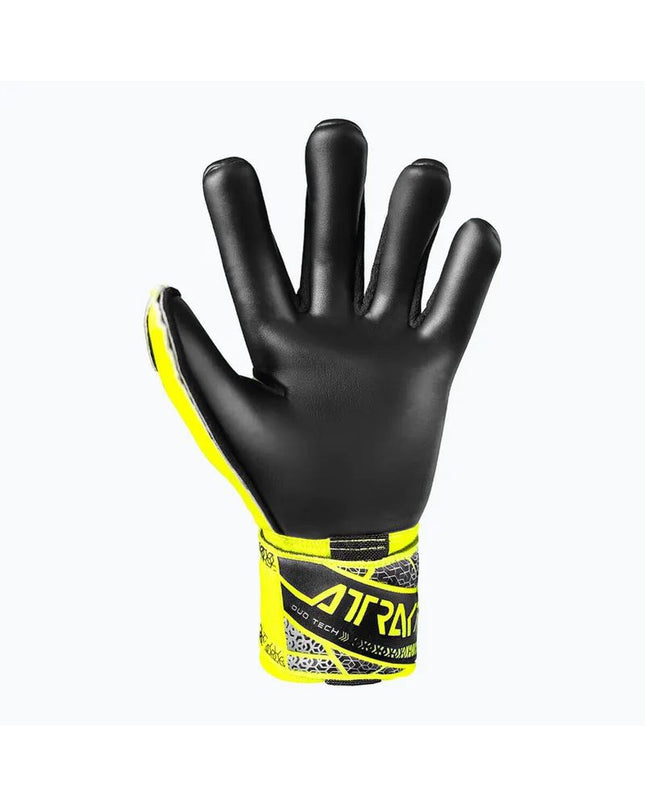 Reusch Keeperhandschoenen Attrakt Duo safe geel for adult football goalkeeping, sporty outdoor soccer gloves with grip detailing.