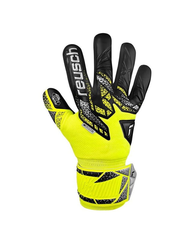Reusch Attrakt Silver goalkeeper gloves in yellow and black for adults, designed for football and outdoor sports.