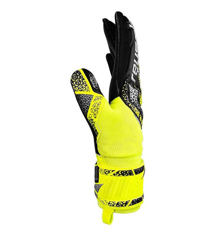 Reusch Attrakt Silver yellow and black goalkeeper gloves for adults, designed for soccer and outdoor sports.