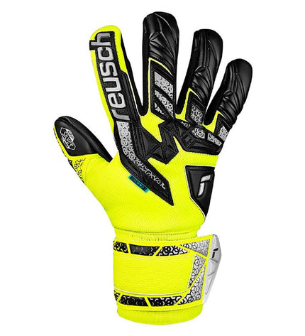 Reusch Attrakt Freegel yellow goalkeeper gloves for adults, designed for soccer, with protective padding and flexible fit.