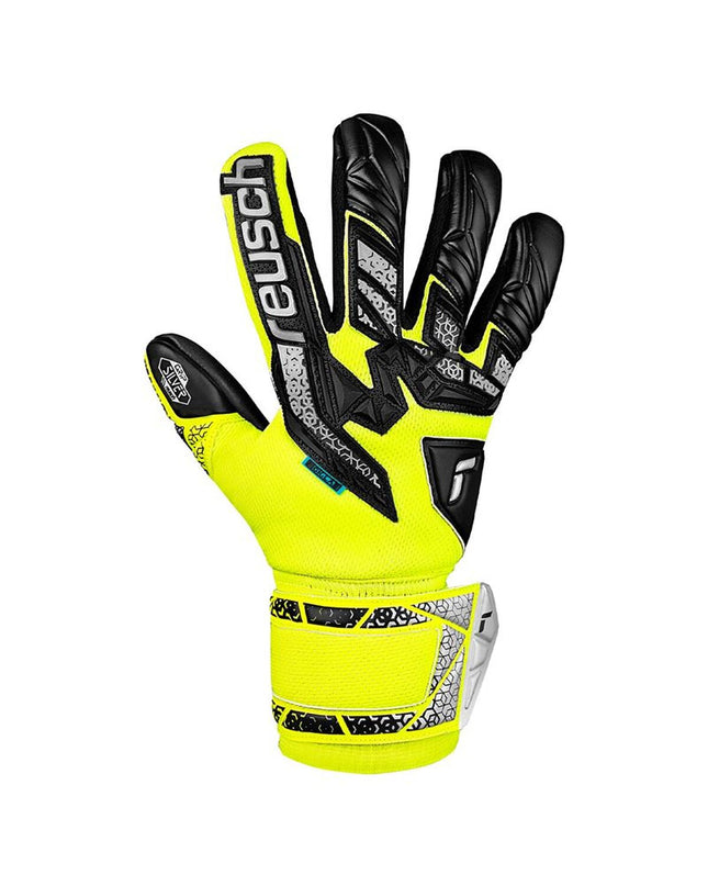 Reusch Attrakt Freegel yellow goalkeeper gloves for adults, designed for soccer, with protective padding and flexible fit.