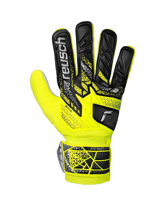 Reusch Attrakt Starter yellow goalkeeper gloves for adults, designed for soccer and outdoor sports.
