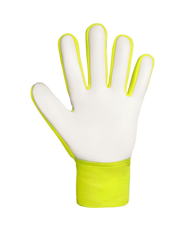 Reusch Attrakt Starter yellow goalkeeper gloves for adults, designed for football, with padded palms and adjustable wrist straps.