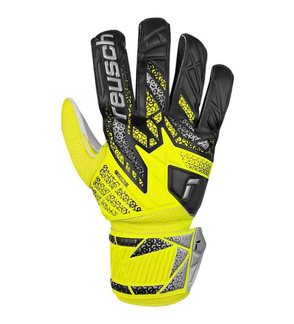 Reusch Attrakt Solid yellow goalkeeper gloves for adults, designed for soccer and outdoor sports, with padded palms and secure fit.
