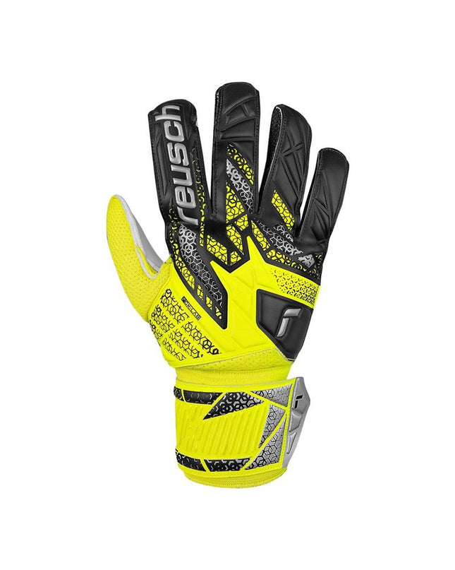 Reusch Attrakt Solid yellow goalkeeper gloves for adults, designed for soccer and outdoor sports, with padded palms and secure fit.