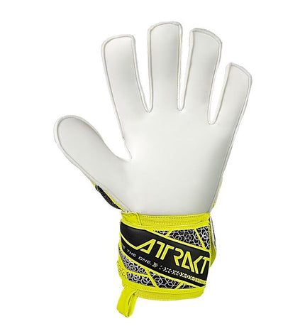 Reusch Attrakt Solid yellow goalkeeper gloves for adults, designed for safe football play, outdoors, in vibrant yellow color.