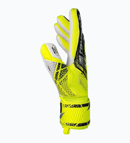 Reusch Attrakt Grip yellow goalkeeper gloves for adults, designed for soccer and outdoor sports, with secure grip features.
