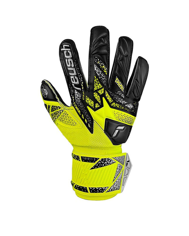 Reusch Keeperhandschoenen Attrakt Silver Geel for soccer, featuring yellow and silver design, suitable for outdoor goalkeeper use.