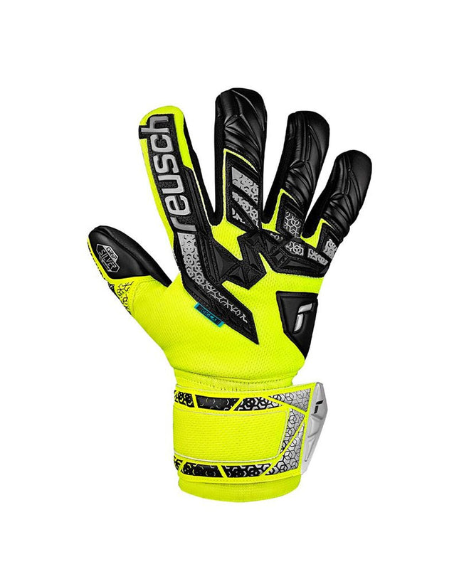 Reusch Keeperhandschoenen Attrakt Freegel geel for soccer goalkeeping, with grip design and sporty fit in bright yellow color.