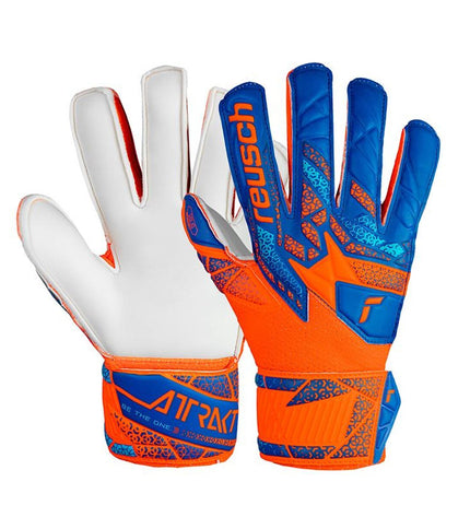 Reusch Attrakt Solid orange goalkeeper gloves for football, sporty outdoor design with padded palms and secure wrist closure