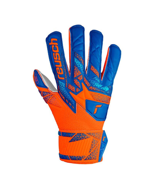 Reusch Attrakt Solid orange goalkeeper gloves for soccer, sporty outdoor design with padded palms and adjustable wrist straps.