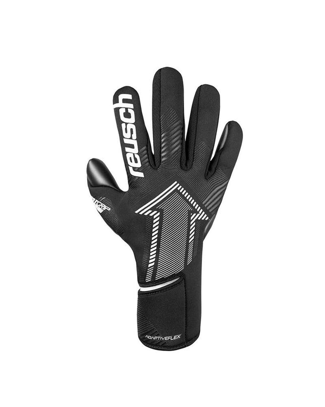 Reusch Fastgrip Infinity goalkeeper gloves in black for adults, designed for soccer and outdoor sports.