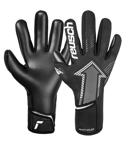 Reusch Fastgrip Infinity black goalkeeper gloves for adults, designed for football and outdoor sports, with textured grip surface.