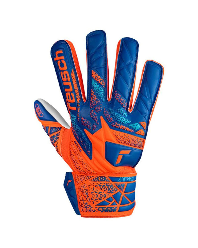 Reusch Attrakt Starter goalkeeper gloves in blue and orange, designed for soccer and outdoor sports.