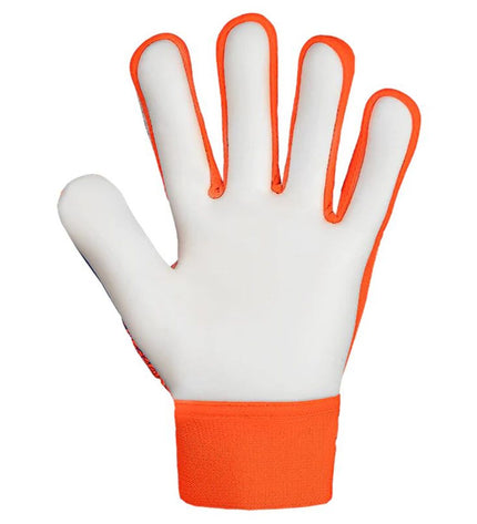 Reusch Attrakt Starter goalkeeper gloves in blue and orange for soccer, designed for sport and outdoor use.