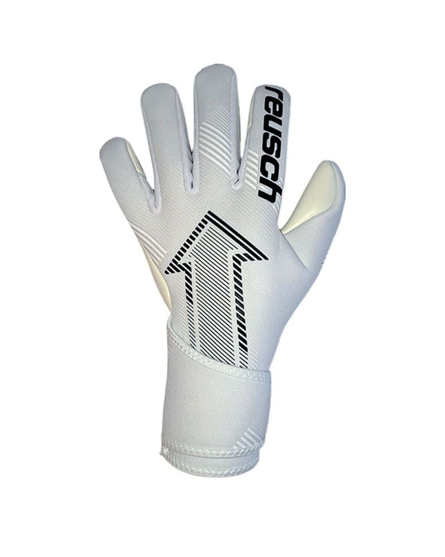 Reusch Attrakt Fastgrip Silver goalkeeper gloves for adults, designed for soccer, with white and silver color accents.
