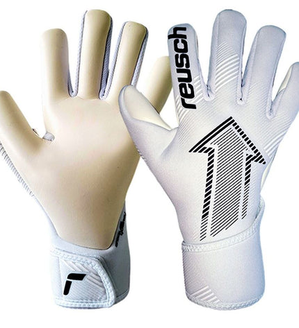Reusch Attrakt Fastgrip Silver soccer goalkeeper gloves for adults, featuring white and silver design, for sport and outdoor use.