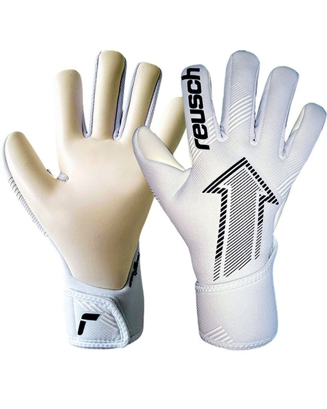 Reusch Attrakt Fastgrip Silver soccer goalkeeper gloves for adults, featuring white and silver design, for sport and outdoor use.