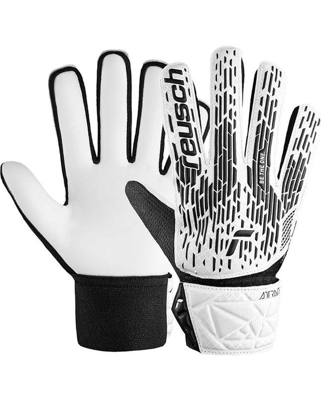 Reusch Attrakt Solid Junior goalkeeper gloves in white, designed for youth soccer, featuring durable grip and padding.