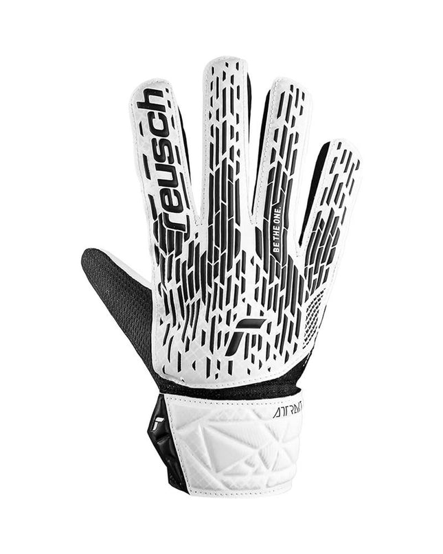 Reusch Attrakt Solid Junior goalkeeper gloves in white, designed for youth soccer and outdoor sports.