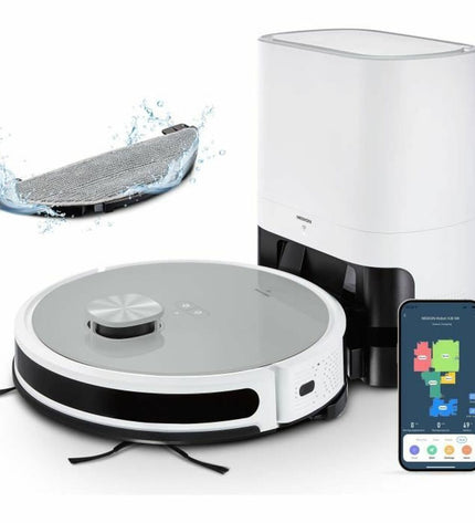 Medion Robot stofzuiger in actie, zwart design, with 600 ml dustbin, perfect for home cleaning and floor maintenance.