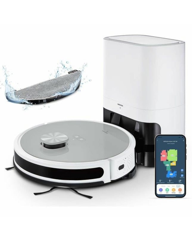 Medion Robot stofzuiger in actie, zwart design, with 600 ml dustbin, perfect for home cleaning and floor maintenance.