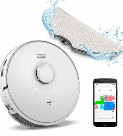 Medion MD11782 X10 SW robot stofzuiger schoonmaakt vloer met roterende borstel en sensor voor huis en koken onderhoud.