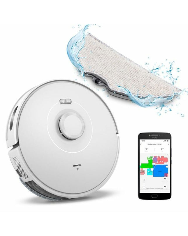 Medion MD11782 X10 SW robot stofzuiger schoonmaakt vloer met roterende borstel en sensor voor huis en koken onderhoud.