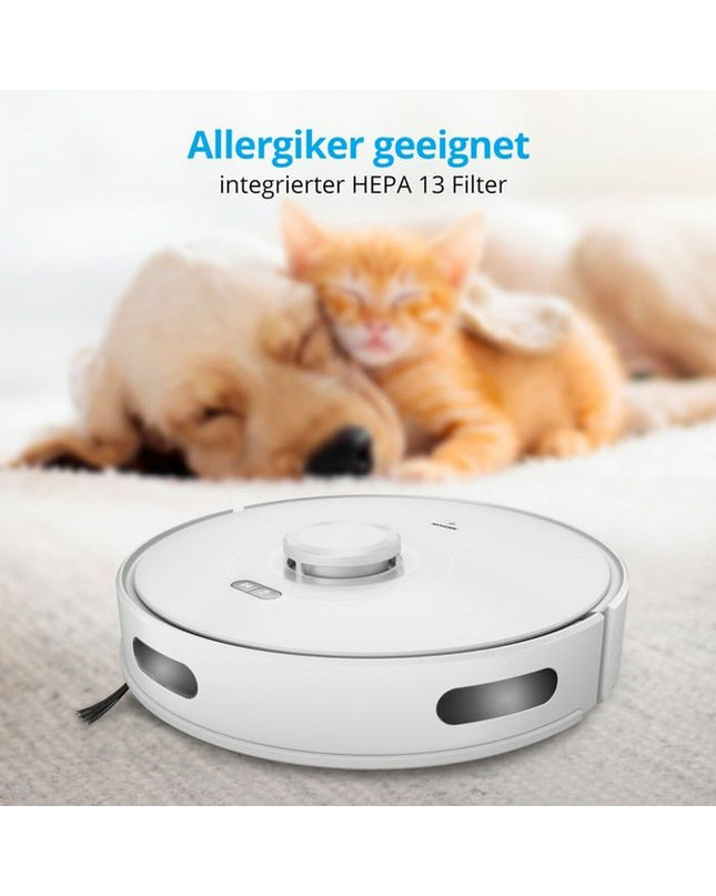Medion MD11782 X10 SW robot stofzuiger op de vloer, klaar voor schoonmaak en vloeronderhoud in huis.
