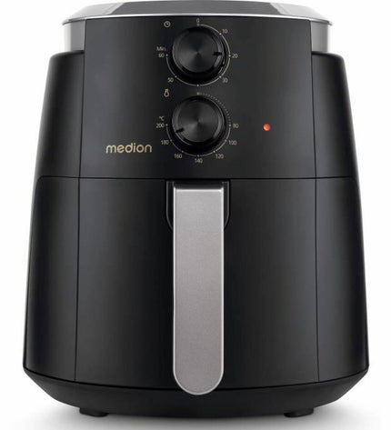 Black Medion fryer machine for home cooking, compact electric appliance for frying food in the kitchen.
