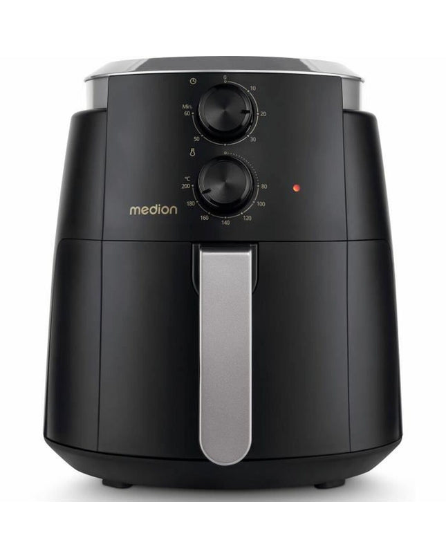 Black Medion fryer machine for home cooking, compact electric appliance for frying food in the kitchen.