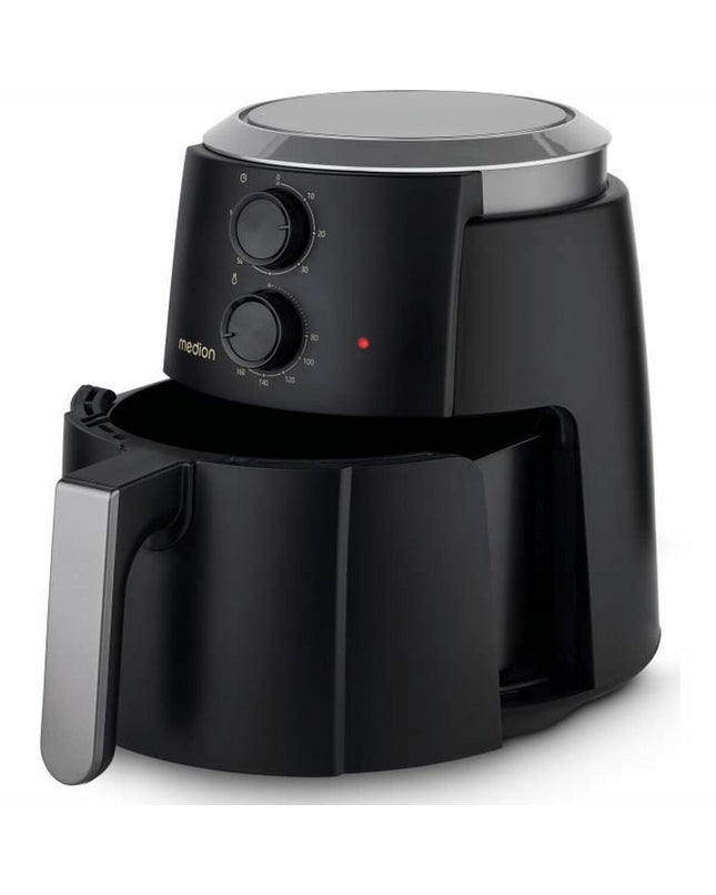 Medion black deep fryer for home cooking, compact electric kitchen appliance with a basket and control panel.
