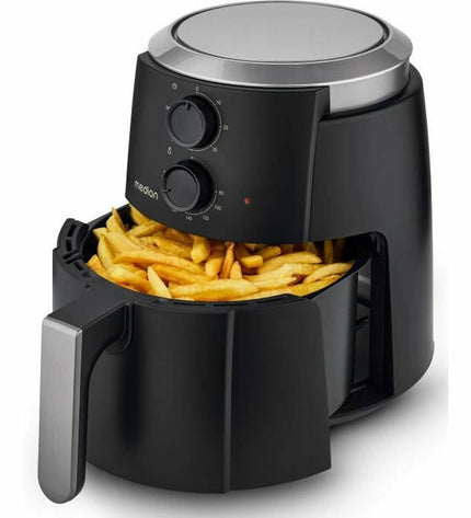 Black Medion deep fryer for home cooking, compact electric kitchen appliance with a stainless steel basket and control panel.