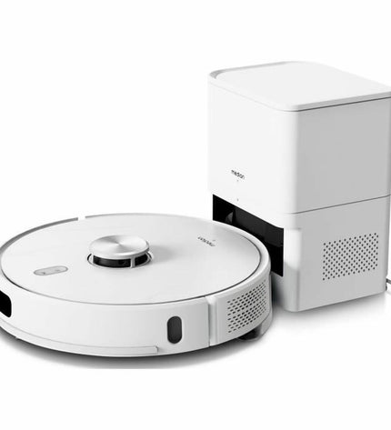 Medion X41 SW+ robot stofzuiger die vloer en tapijten schoonmaakt, met ronde vorm en geïntegreerde sensoren.
