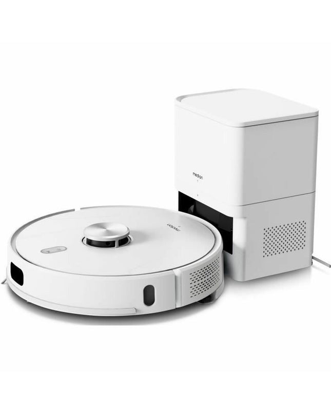 Medion X41 SW+ robot stofzuiger die vloer en tapijten schoonmaakt, met ronde vorm en geïntegreerde sensoren.