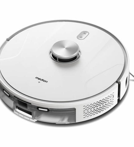 Medion X41 SW+ robot stofzuiger in action on a hardwood floor, showcasing its sleek design for home cleaning and floor maintenance.
