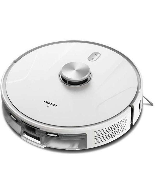 Medion X41 SW+ robot stofzuiger in action on a hardwood floor, showcasing its sleek design for home cleaning and floor maintenance.