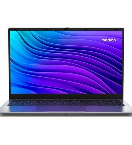 Medion E15223 laptop with 15.6-inch display, Intel N100 processor, 4GB RAM, and 128GB SSD, shown from front angle.
