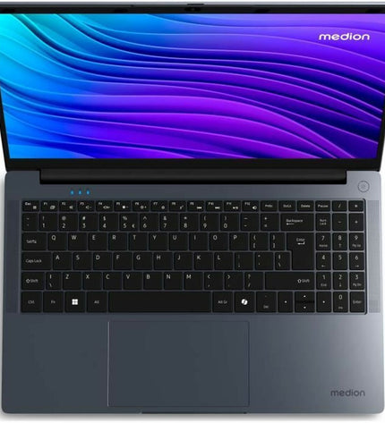 Medion E15223 MD62644 laptop with 15.6-inch screen, Intel N100 processor, 4GB RAM, and 128GB SSD, open showing keyboard and display