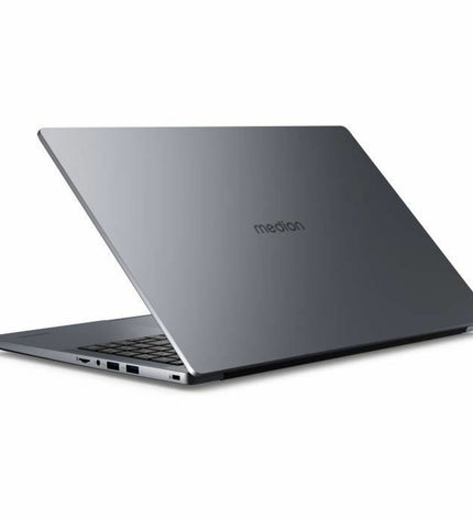 Medion E15223 laptop with 15.6-inch screen, Intel N100 processor, 4GB RAM, and 128GB SSD, open and displaying the keyboard.