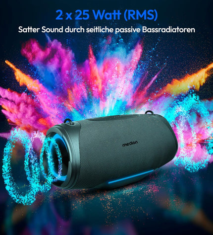 Medion 50077074 speakers showing sleek black design with control buttons and connected audio cables.